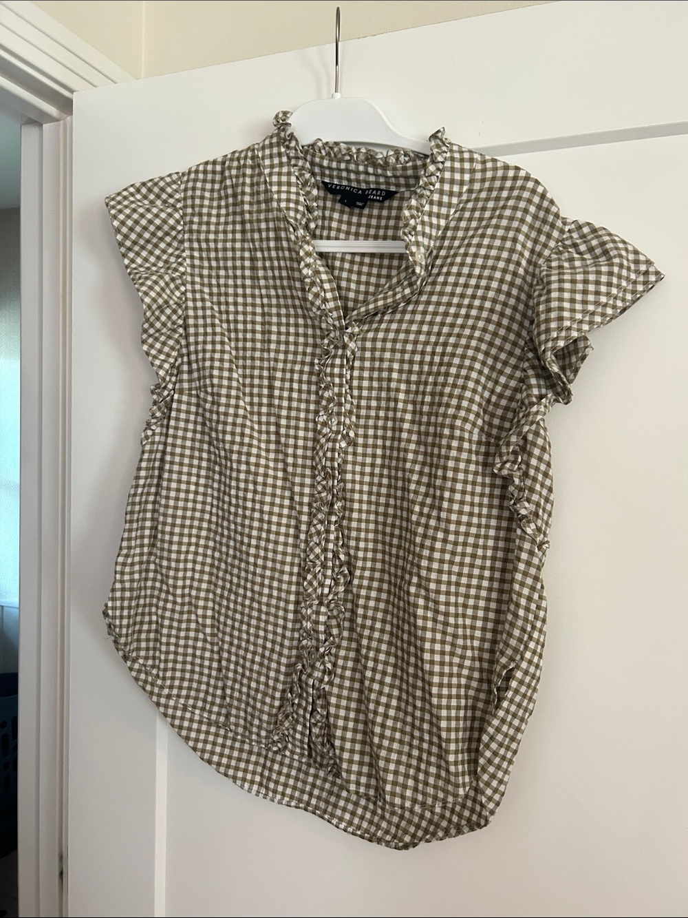 Veronica Beard Olive and White Gingham Ruffle-Trim Blouse